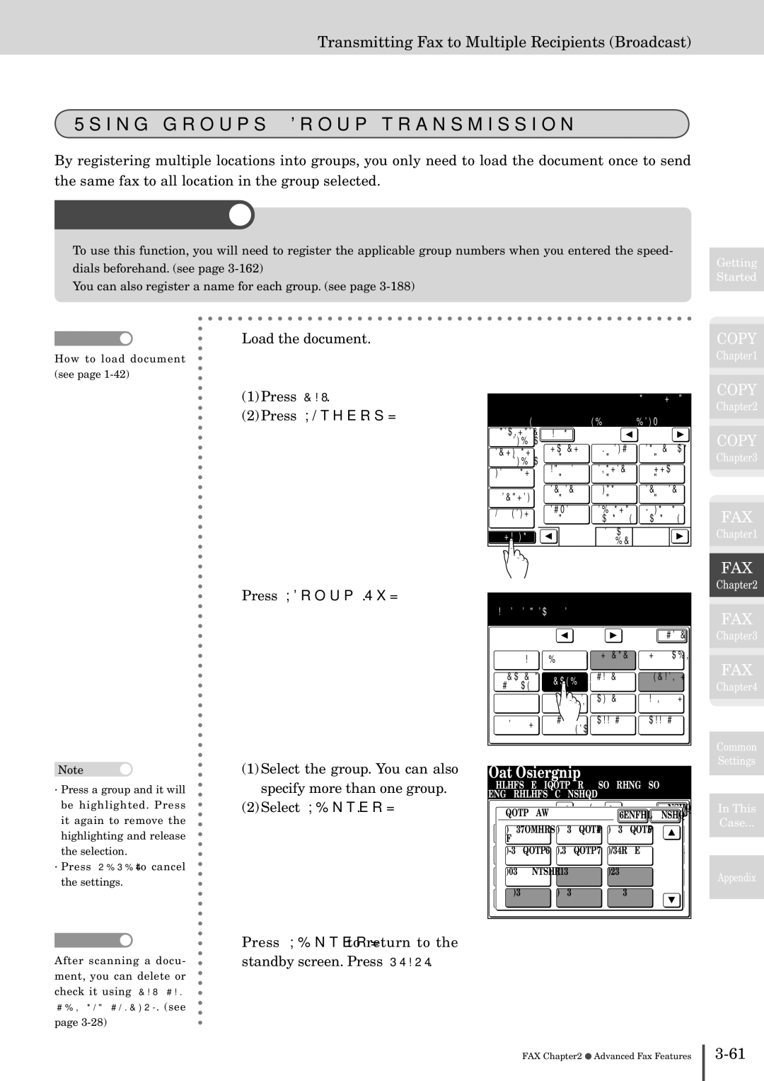 Muratec MFX-2830 manual Using groups Group transmission, Load the document Press FAX, Press Others Press Group Tx 