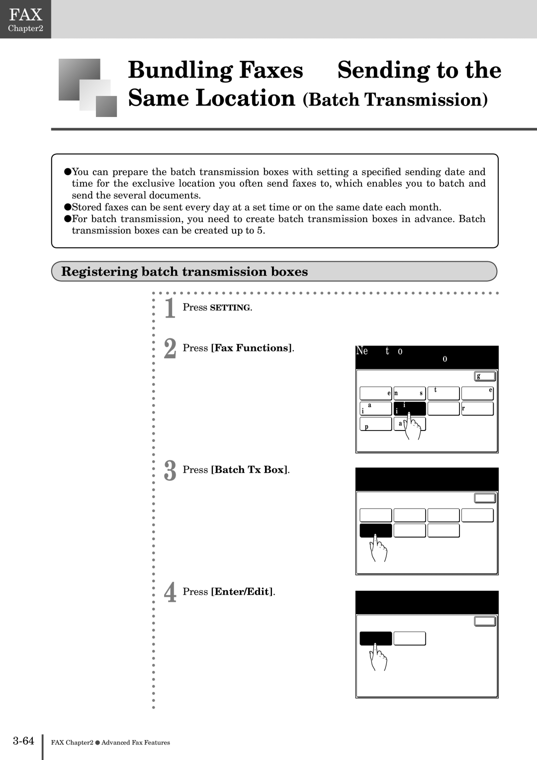 Muratec MFX-2830 manual Bundling Faxes & Sending to, Registering batch transmission boxes, FaxFunctions, Batch Tx Box 