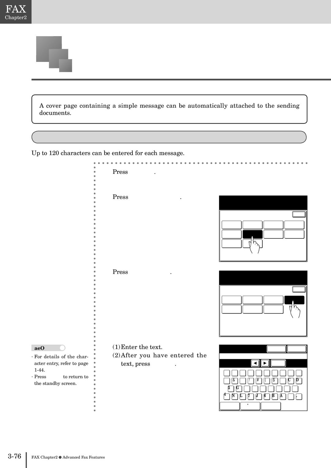 Muratec MFX-2830 manual Sending Cover Page with Documents, Entering messages, Press Fax Functions Press Cover 