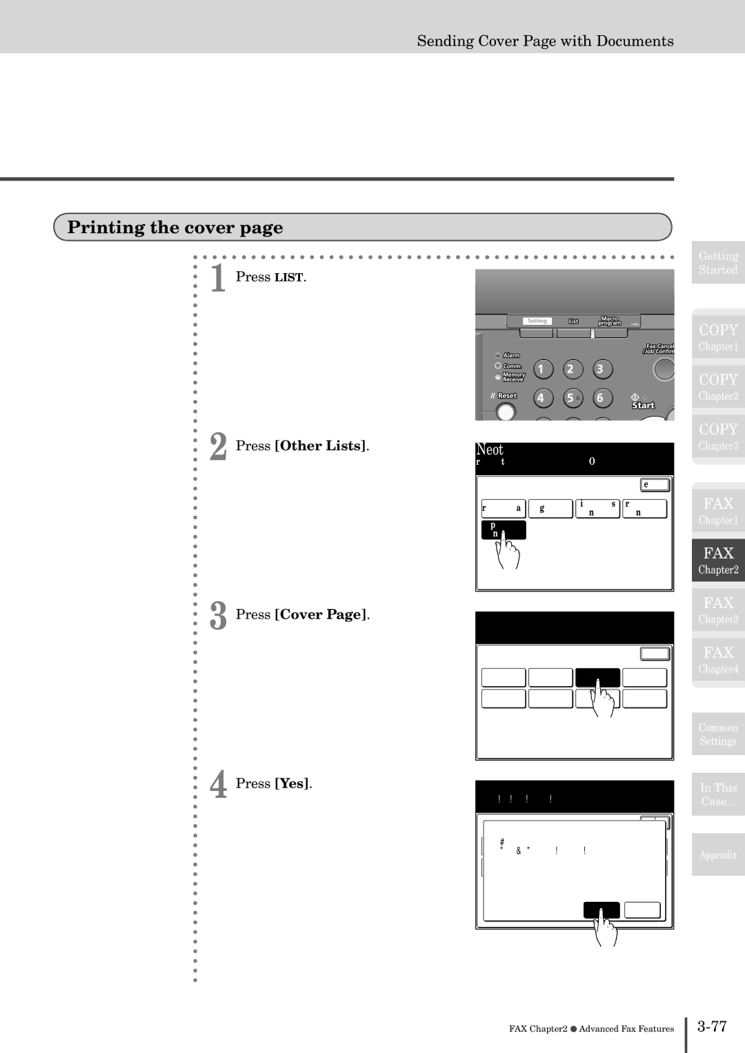 Muratec MFX-2830 manual Printing the cover, Sending Cover Page with Documents, Press Other Lists Press Cover 