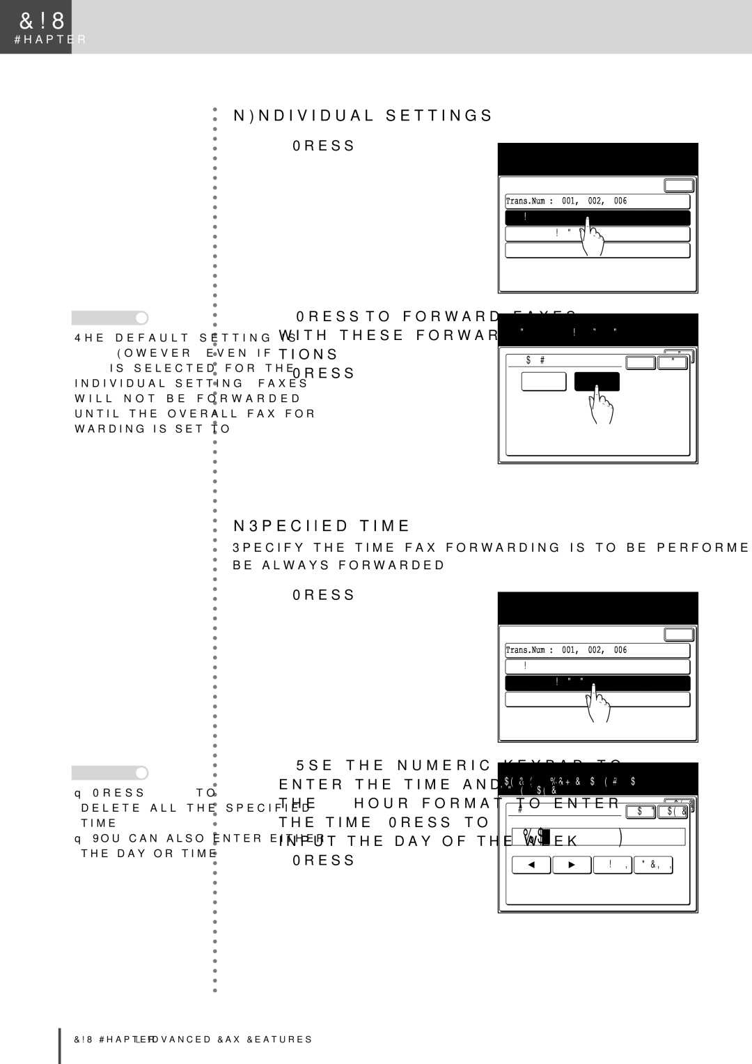 Muratec MFX-2830 manual 01 001, 002, Individual settings, Speciﬁed time, Press Individual, Press Time 