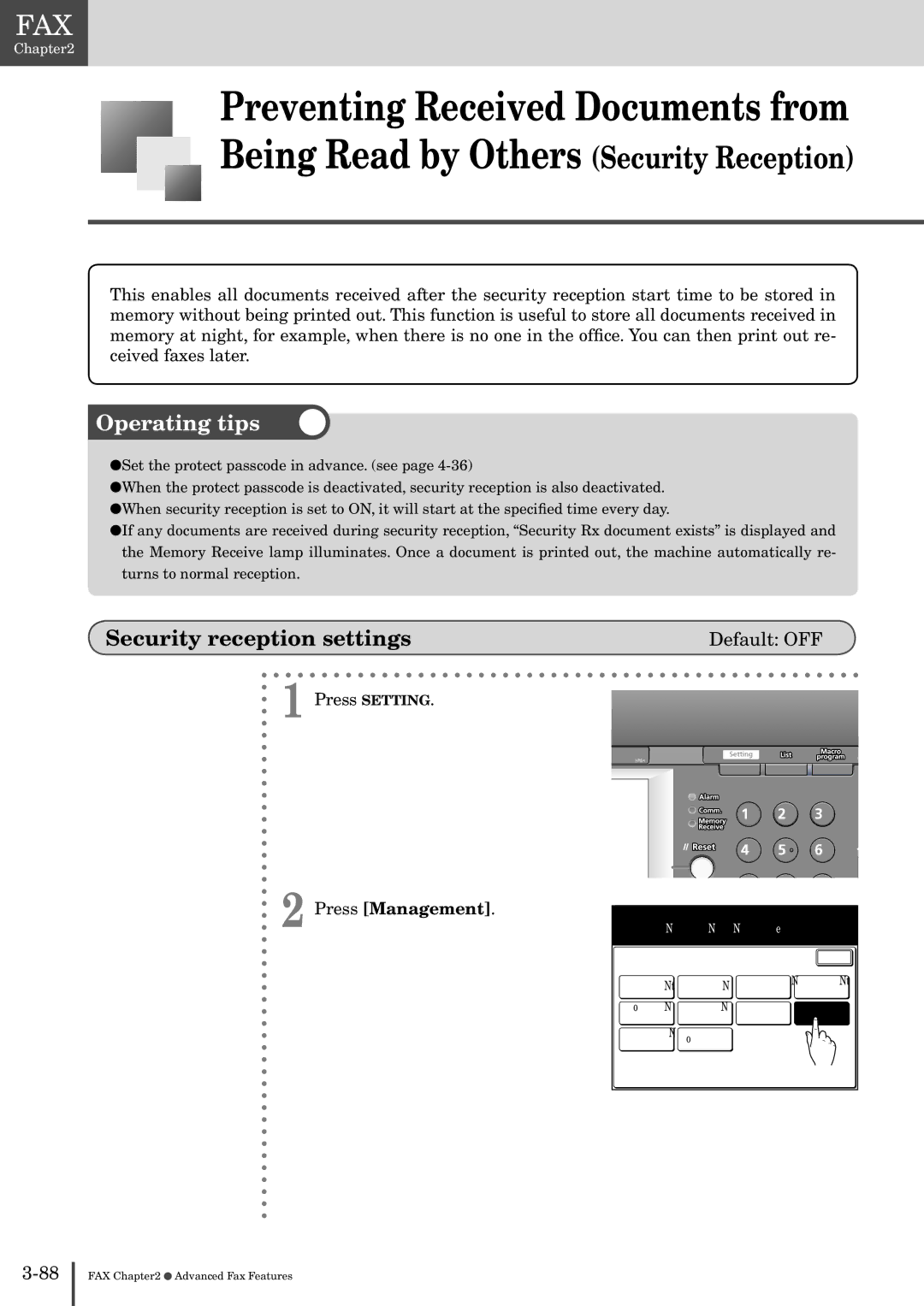 Muratec MFX-2830 manual Being Read by Others Security Reception, Security reception settings 