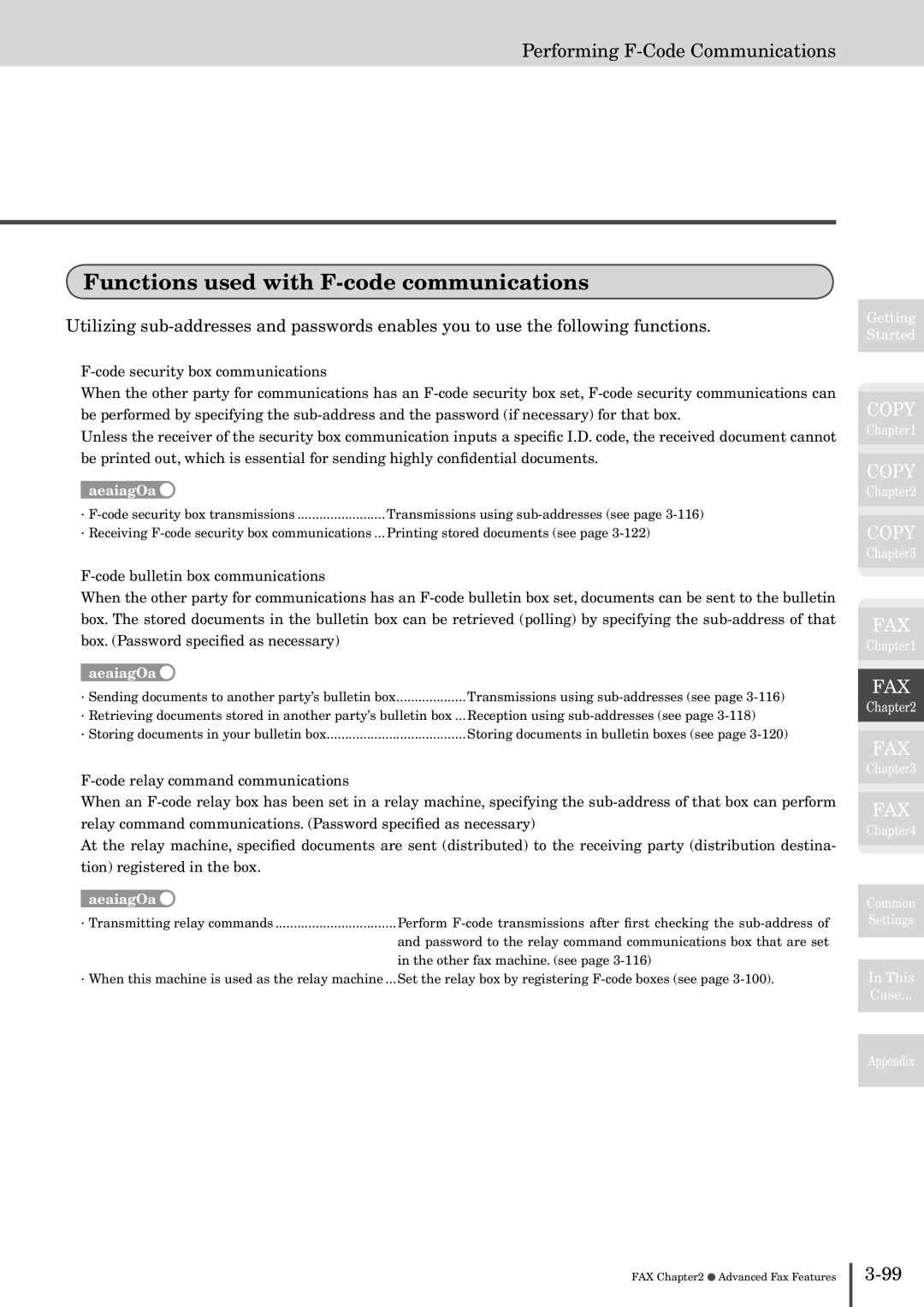 Muratec MFX-2830 manual Functions used with F-code communications, Performing F-Code Communications 