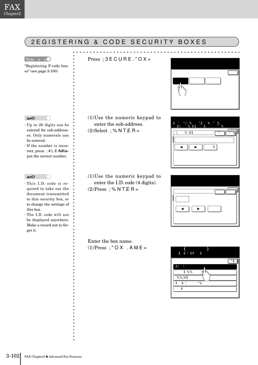 Muratec MFX-2830 manual Registering F-code security boxes, Press Secure Box, Press Box Name, Select box type 