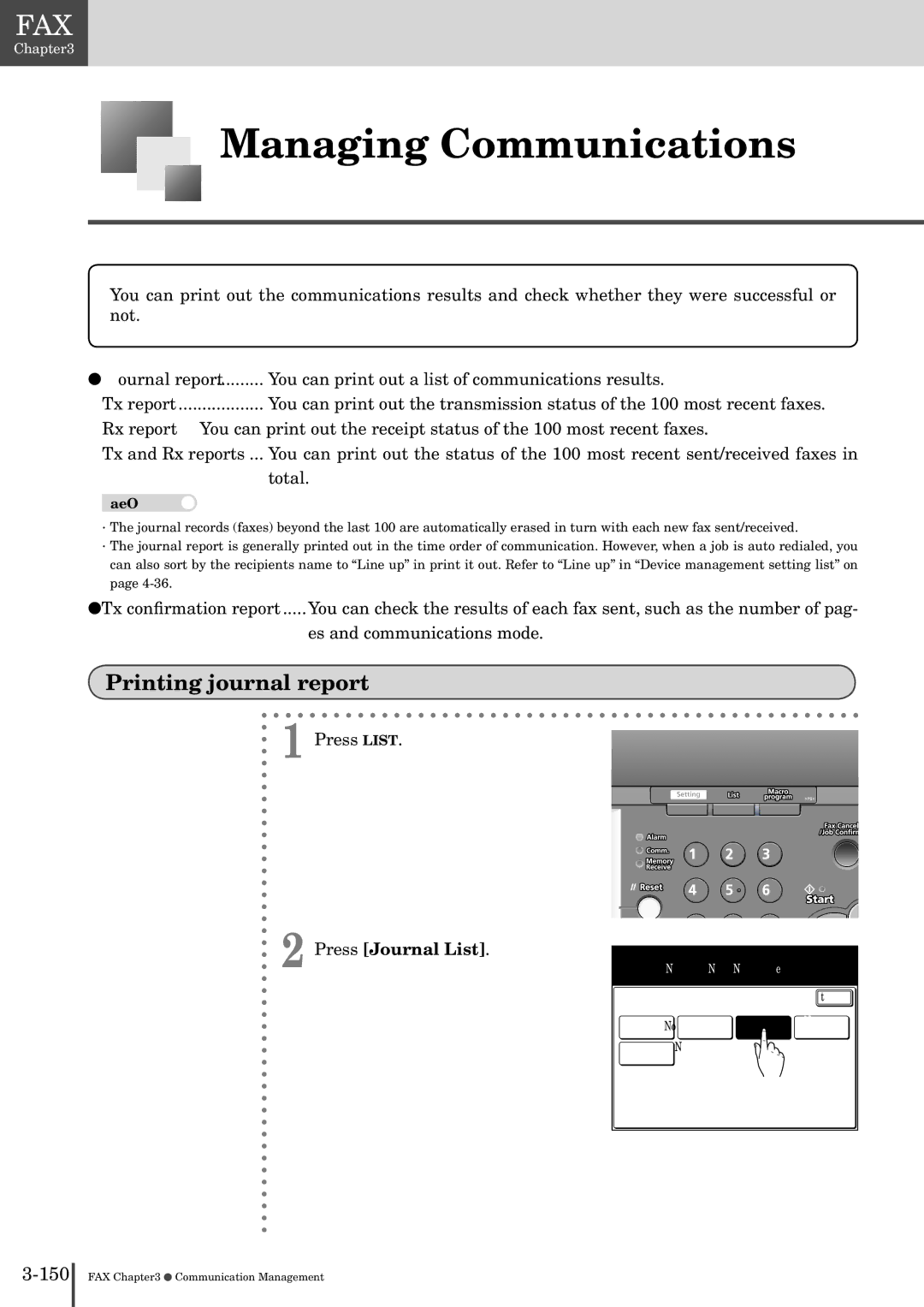 Muratec MFX-2830 manual Managing Communications, Printing journal report, Press Journal List 