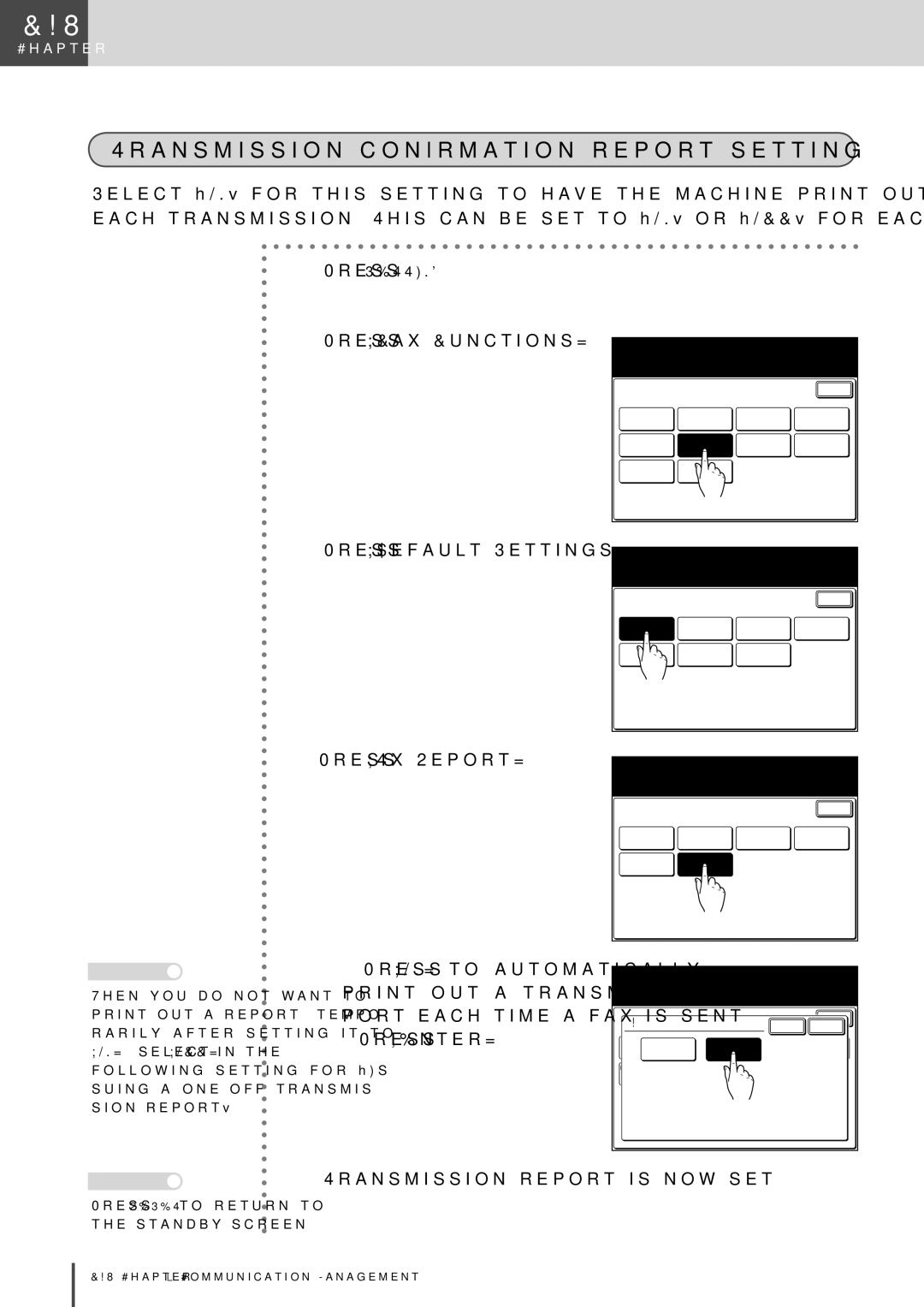 Muratec MFX-2830 manual Transmission conﬁrmation report setting, Press Fax Functions Press Default Settings Press Tx Report 