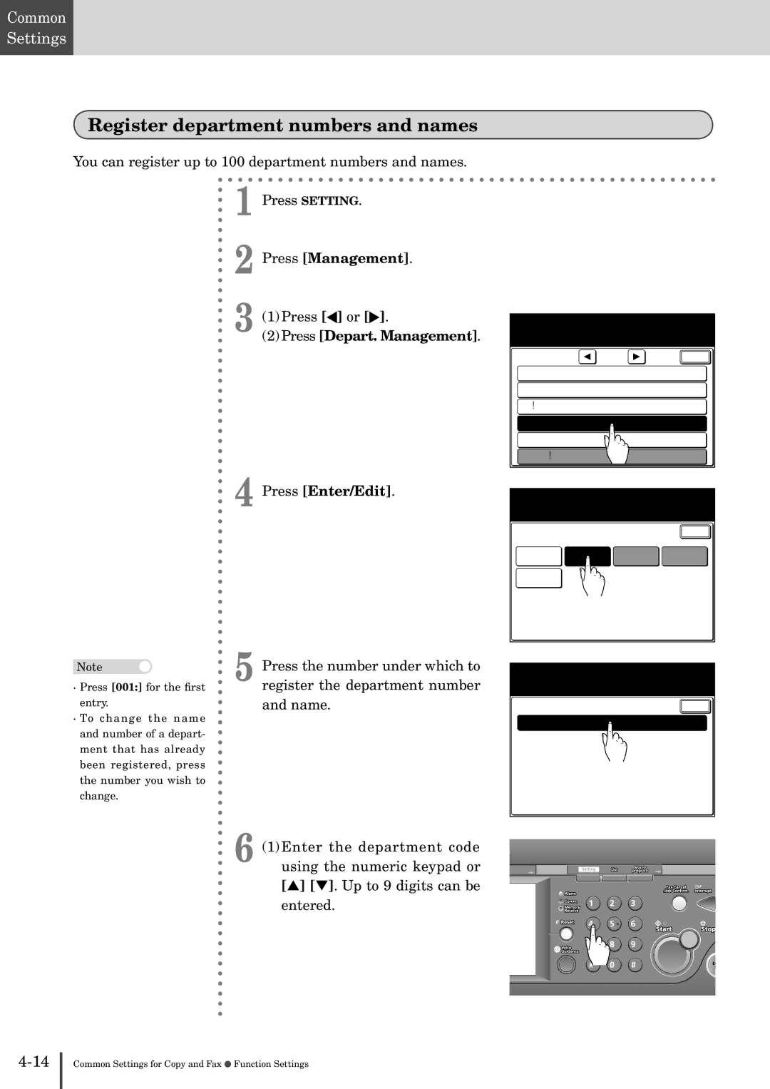 Muratec MFX-2830 manual Register department numbers and names, Press Depart. Management Press Enter/Edit, 001 