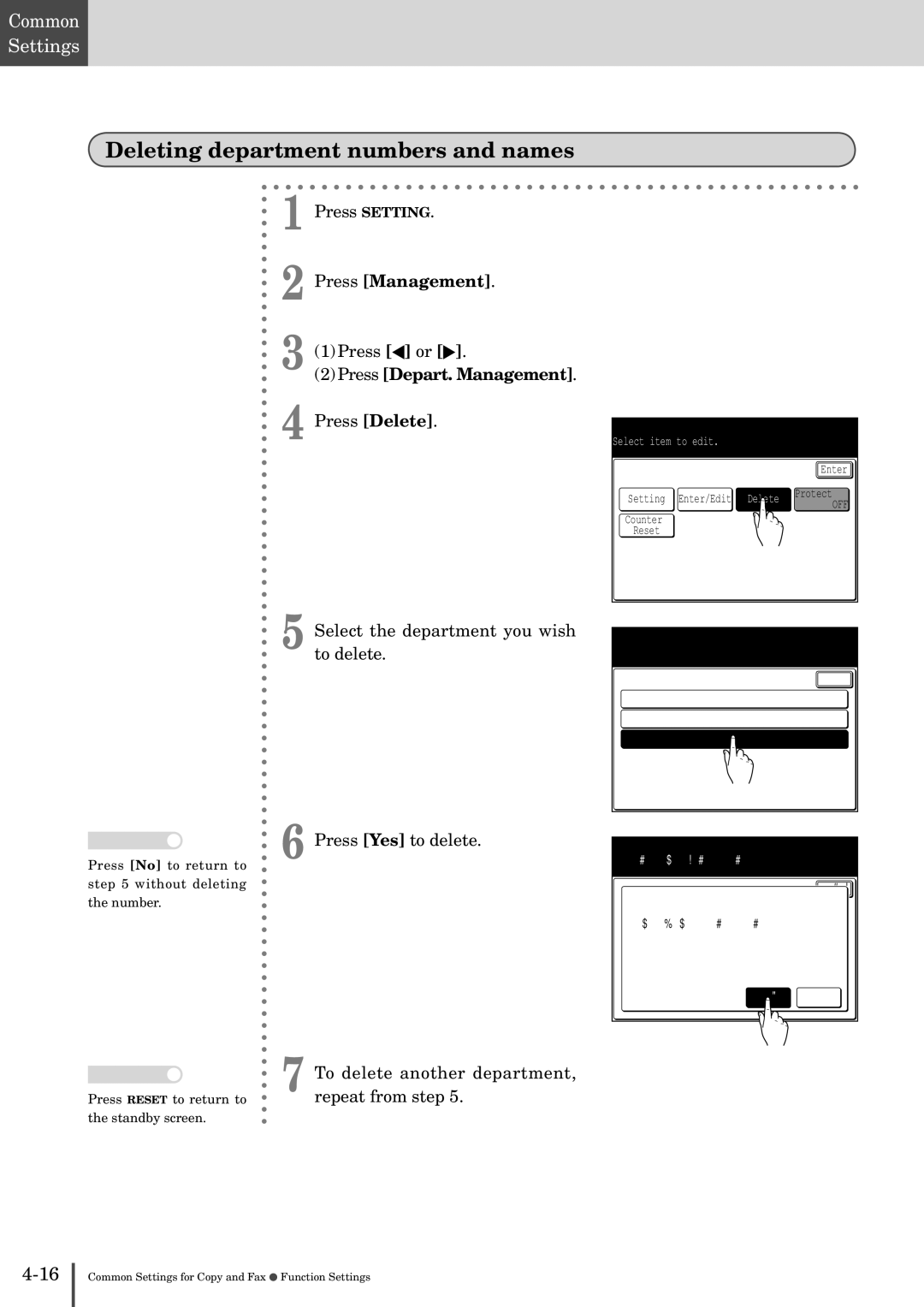 Muratec MFX-2830 Deleting department numbers and names, Press Depart. Management Press Delete, Select a number to delete 