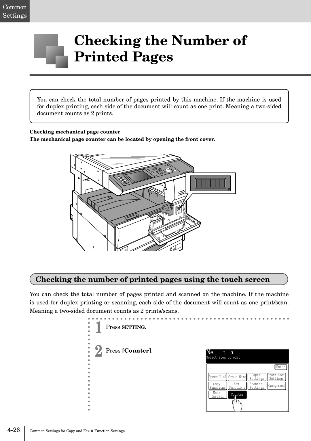 Muratec MFX-2830 manual Checking the Number Printed Pages, Checking the number of printed pages using the touch screen 