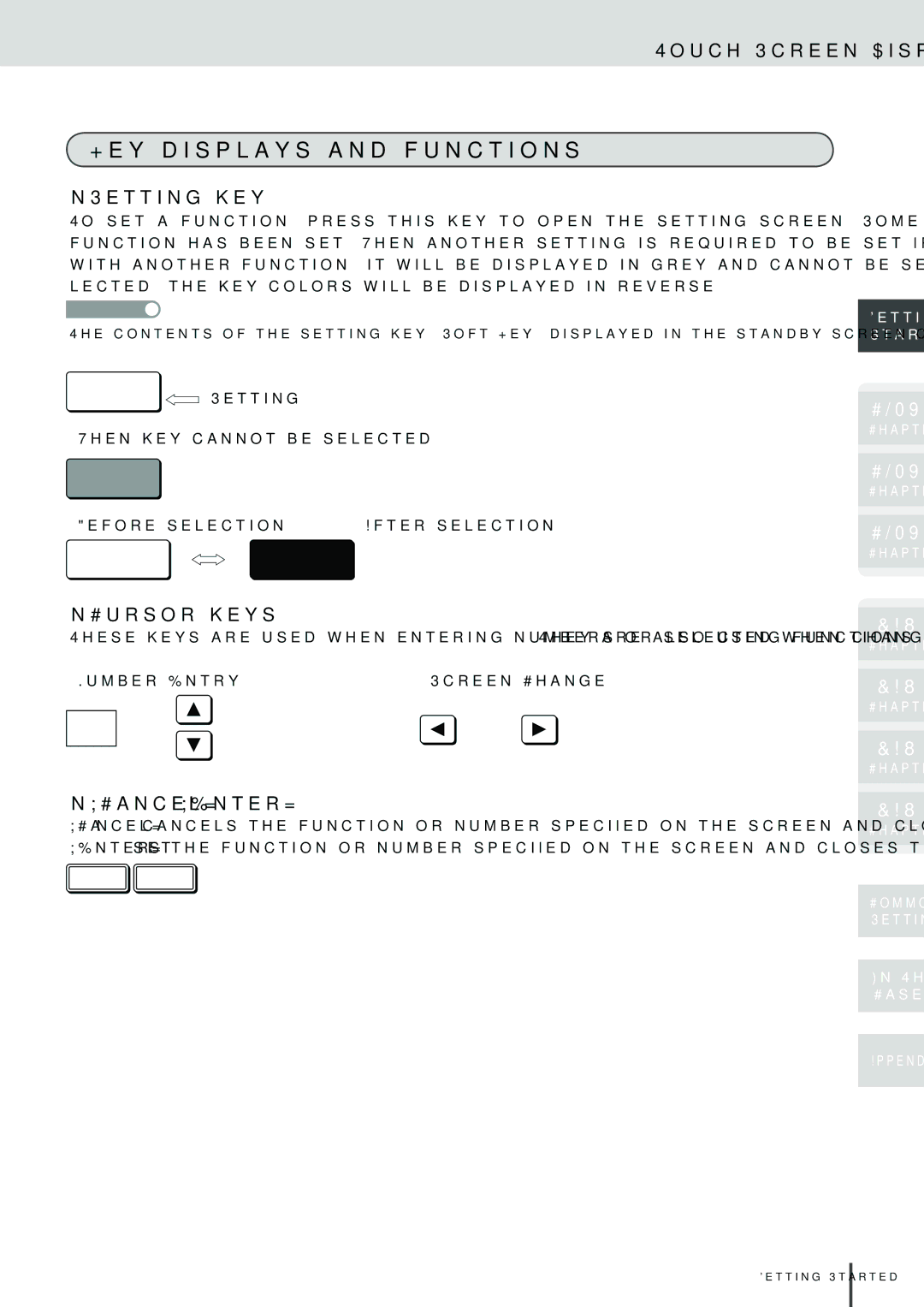 Muratec MFX-2830 manual Key displays and functions, Setting key, Cursor keys 