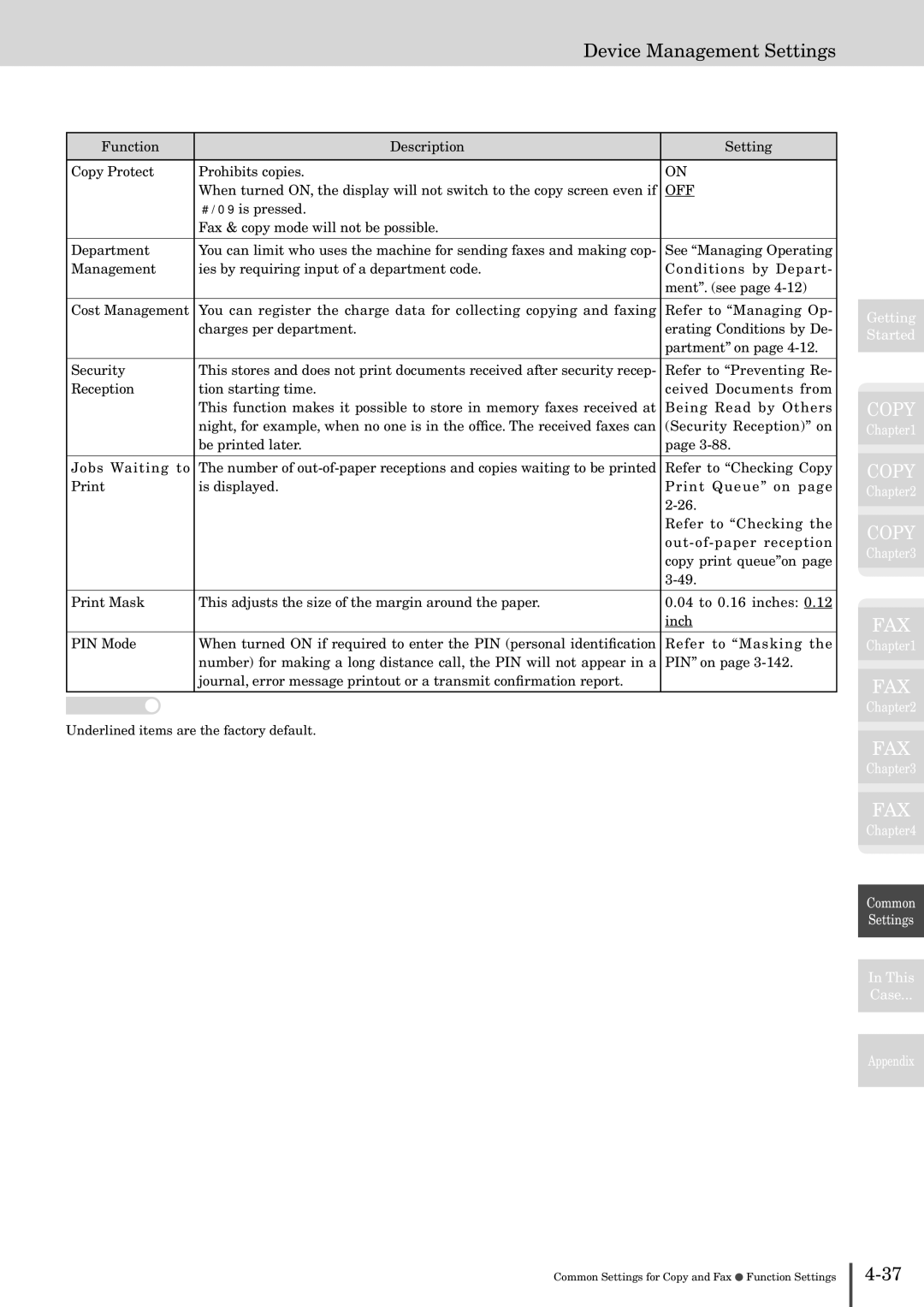 Muratec MFX-2830 manual Underlined items are the factory default 