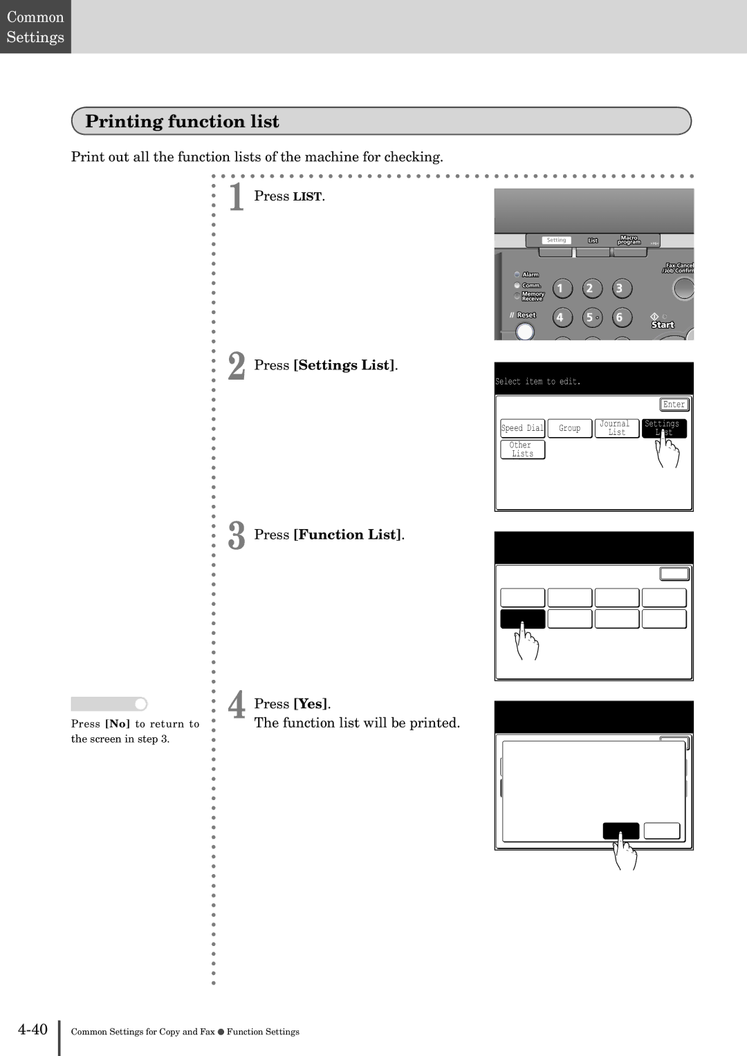 Muratec MFX-2830 manual Printing function list, Press Settings List Press Function List, Function list will be printed 