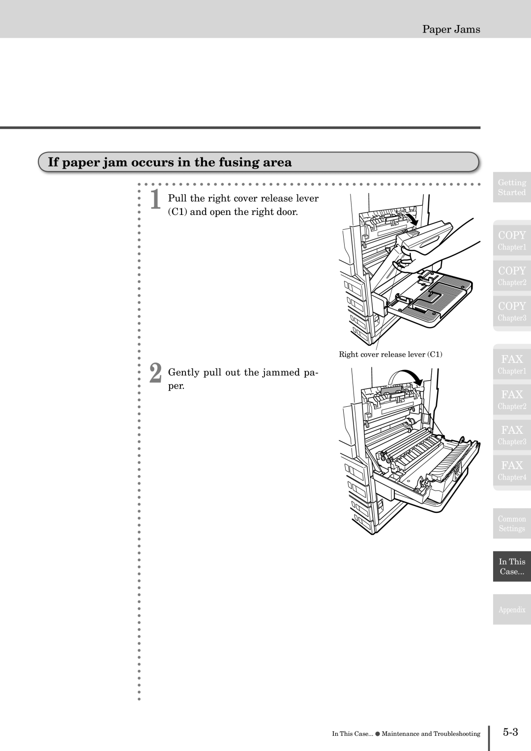 Muratec MFX-2830 manual If paper jam occurs in the fusing area, Paper Jams, Gentlyper. pull out the jammed pa 