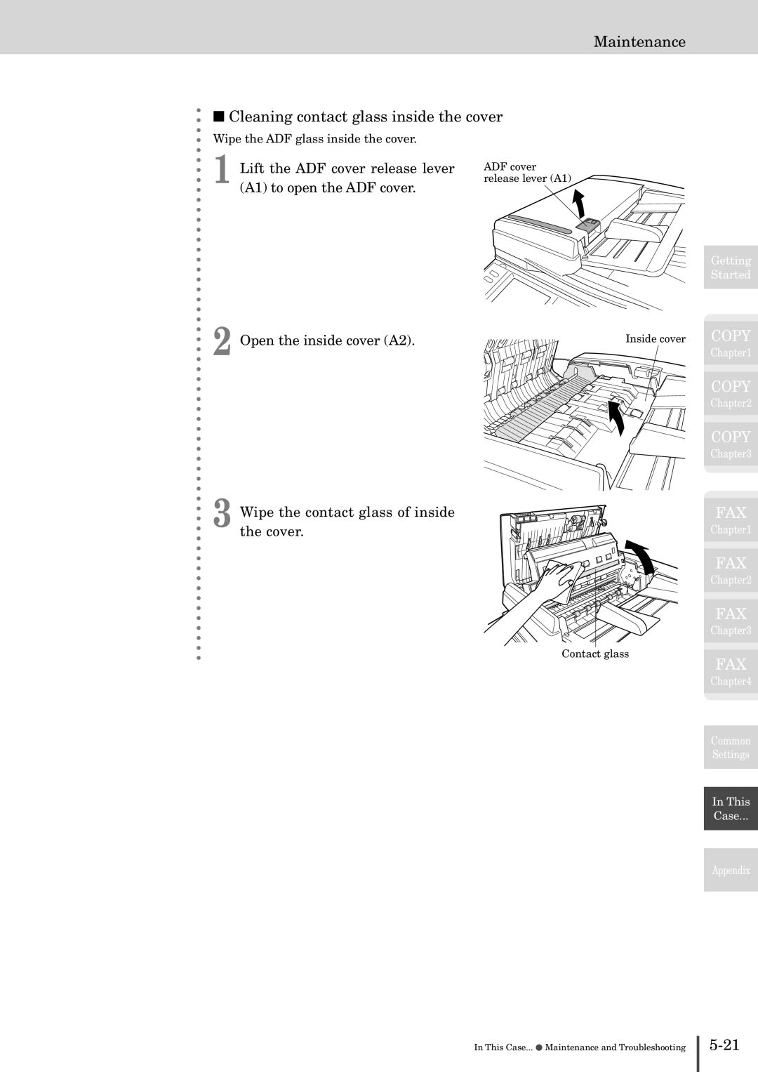 Muratec MFX-2830 manual Maintenance Cleaning contact glass inside the cover, Lift the ADF cover release lever 