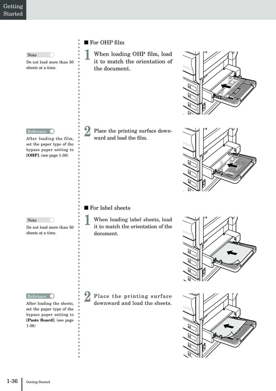 Muratec MFX-2830 manual For label sheets, Place the printing surface down- ward and load the ﬁlm 