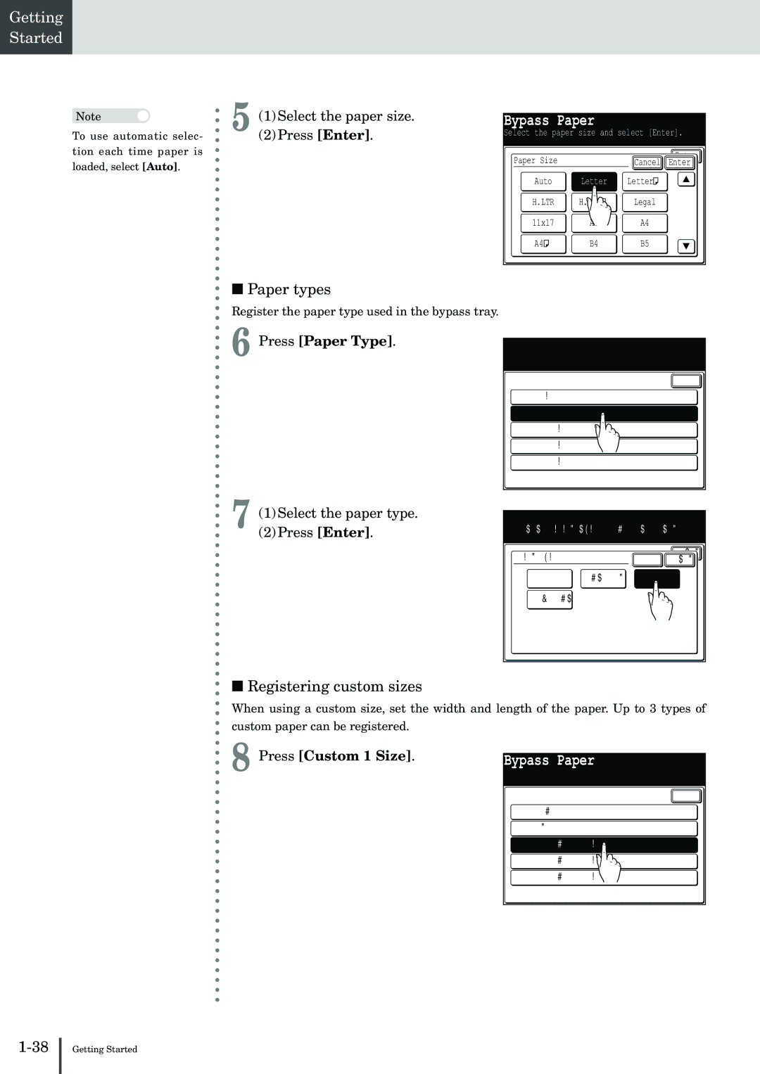 Muratec MFX-2830 manual Paper types, Registering custom sizes, Press Paper Type, Press Custom 1 Size 