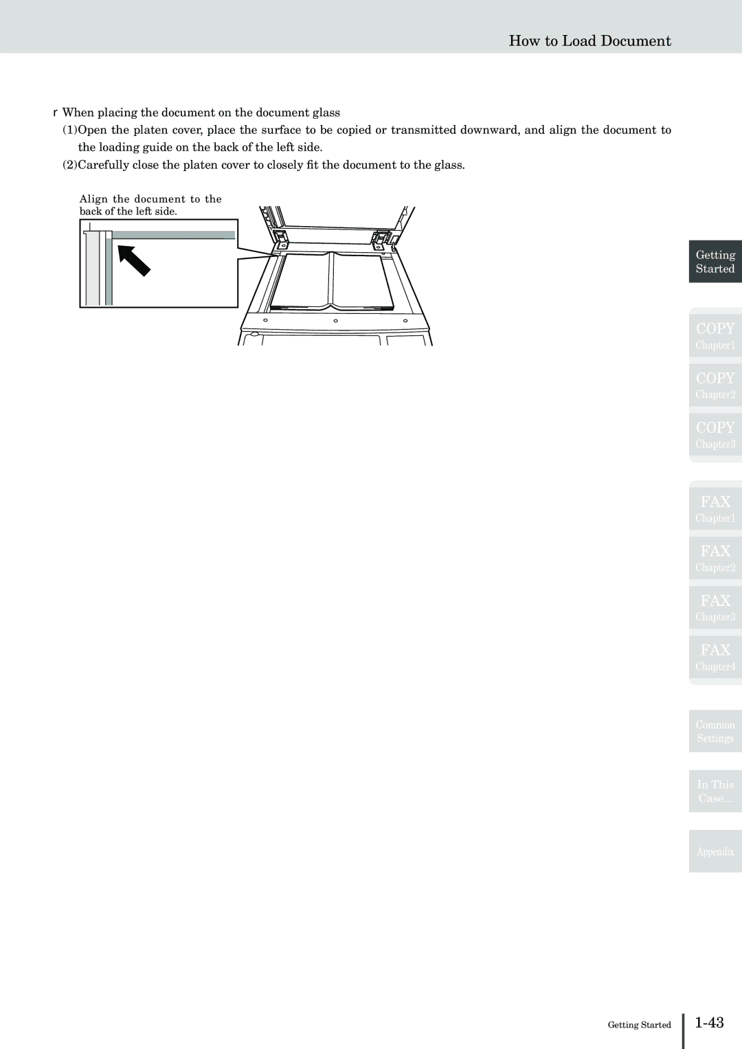 Muratec MFX-2830 manual Align the document to the back of the left side 