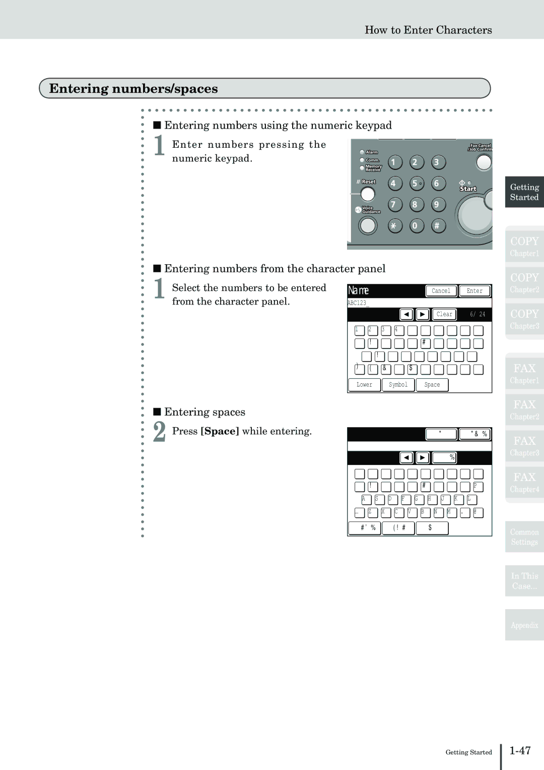 Muratec MFX-2830 manual Entering numbers/spaces, Entering numbers using the numeric keypad, Entering spaces 