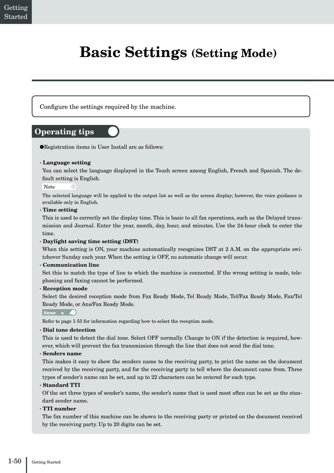 Muratec MFX-2830 manual Basic Settings Setting Mode, Conﬁgure the settings required by the machine 