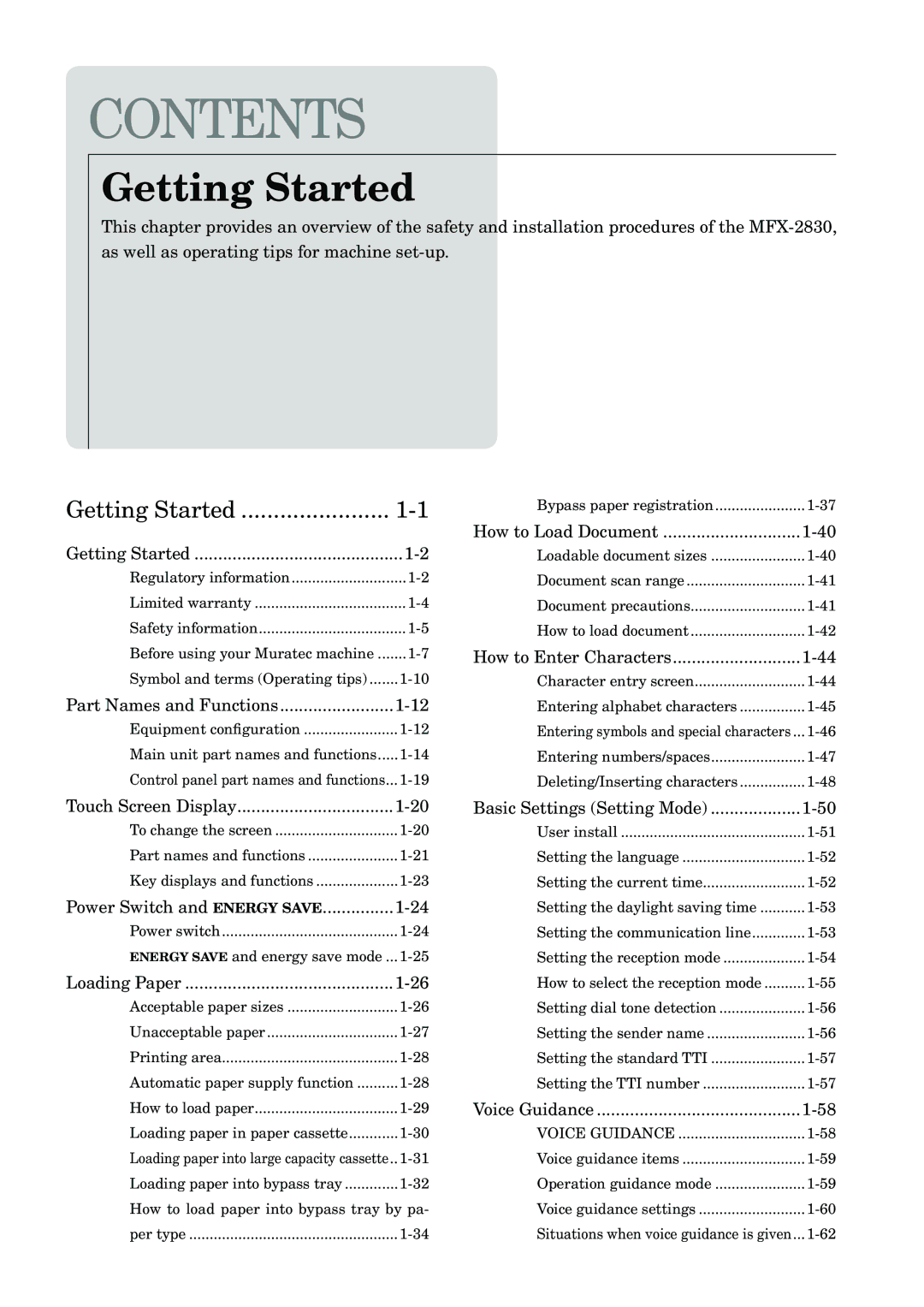 Muratec MFX-2830 manual Contents 