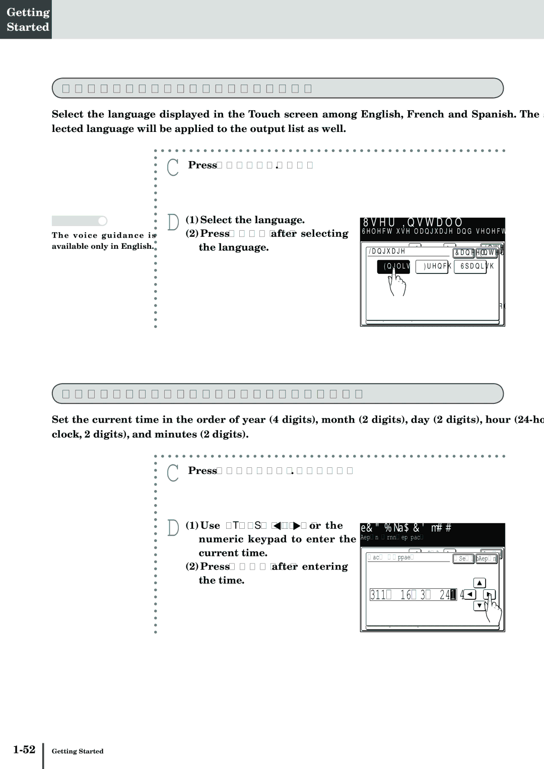 Muratec MFX-2830 manual Setting the language, Setting the current time, Press Language, Press Time Setting 