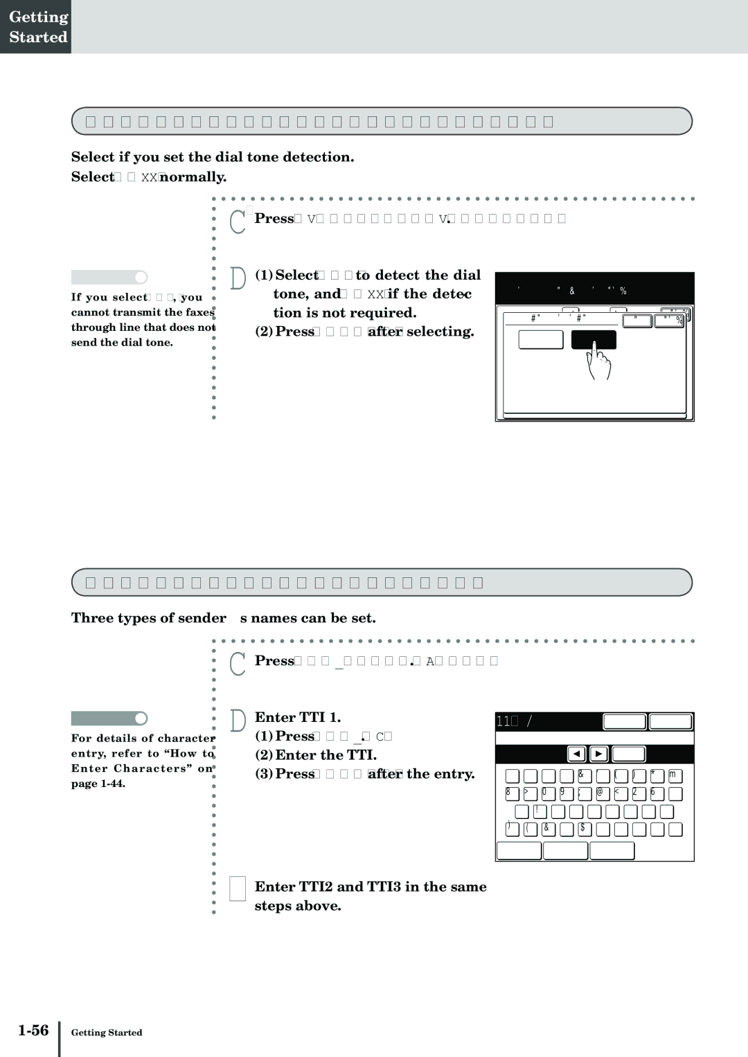 Muratec MFX-2830 Setting dial tone detection, Setting the sender name, Press Dial Tone Detection, Press TTI Enter/Edit 