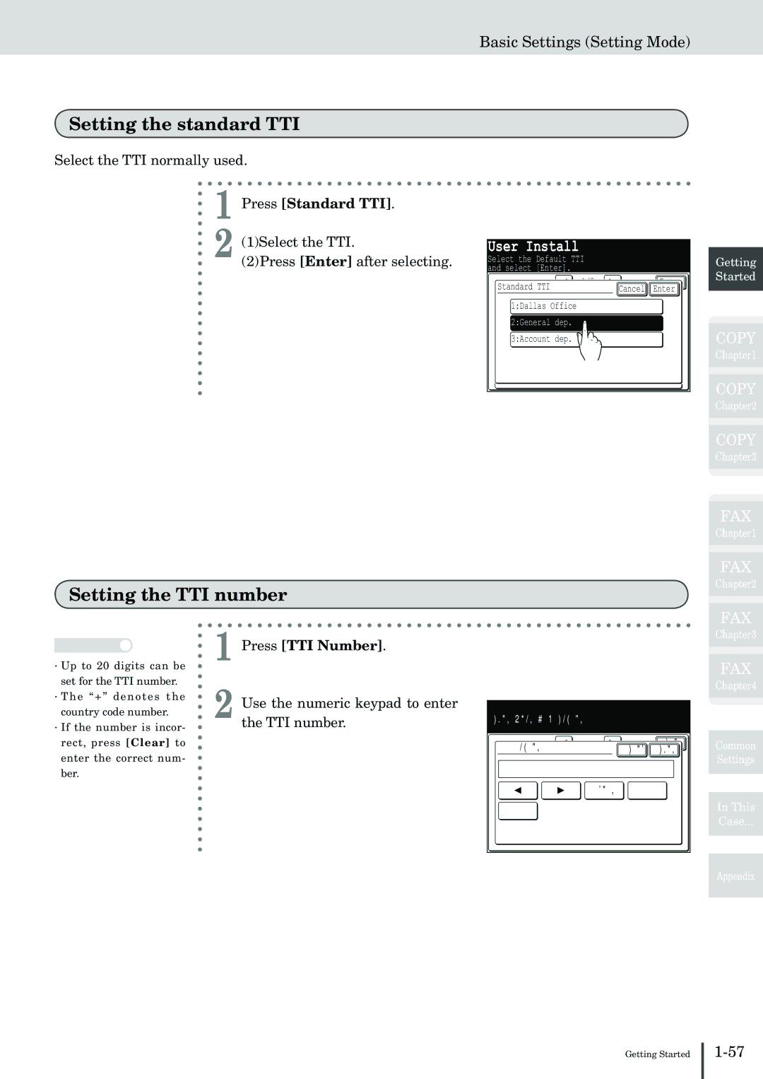 Muratec MFX-2830 manual Setting the standard TTI, Setting the TTI number, Press Standard TTI, Press TTI Number 