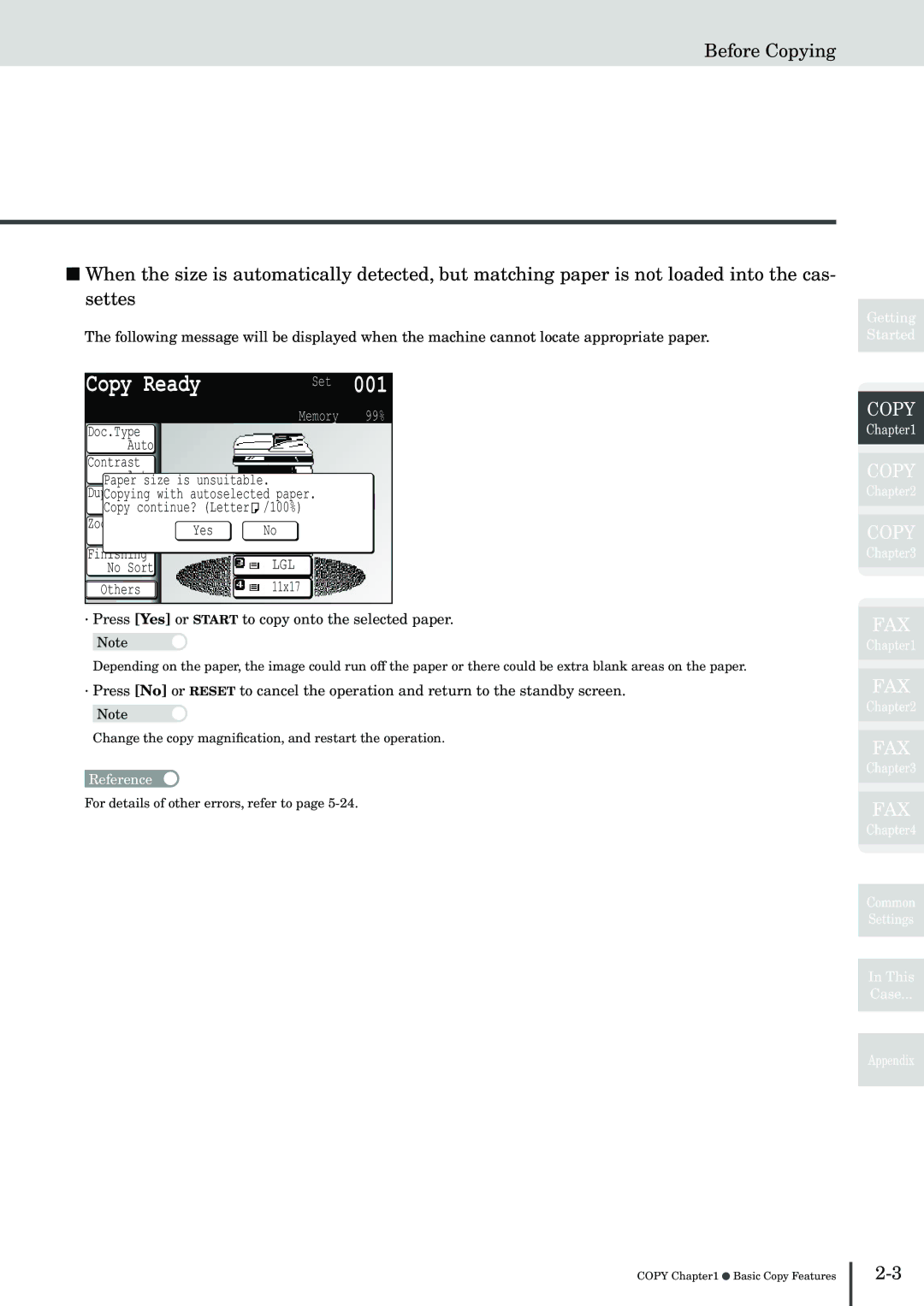 Muratec MFX-2830 manual Doc.Type Auto Contrast Paper size is unsuitable 