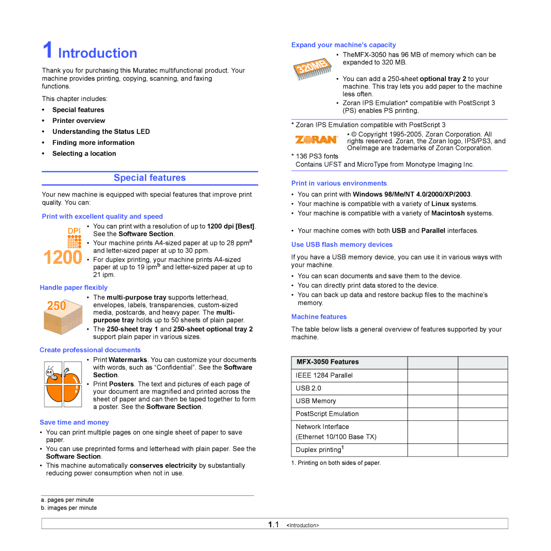 Muratec MFX-3050 manual Introduction, Special features 