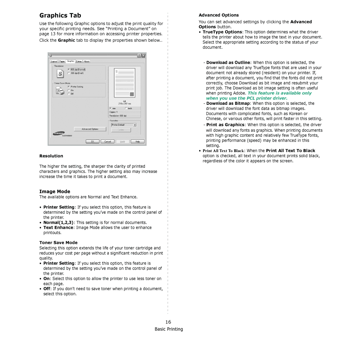 Muratec MFX-3050 manual Graphics Tab, Image Mode, Resolution, Toner Save Mode, Advanced Options 