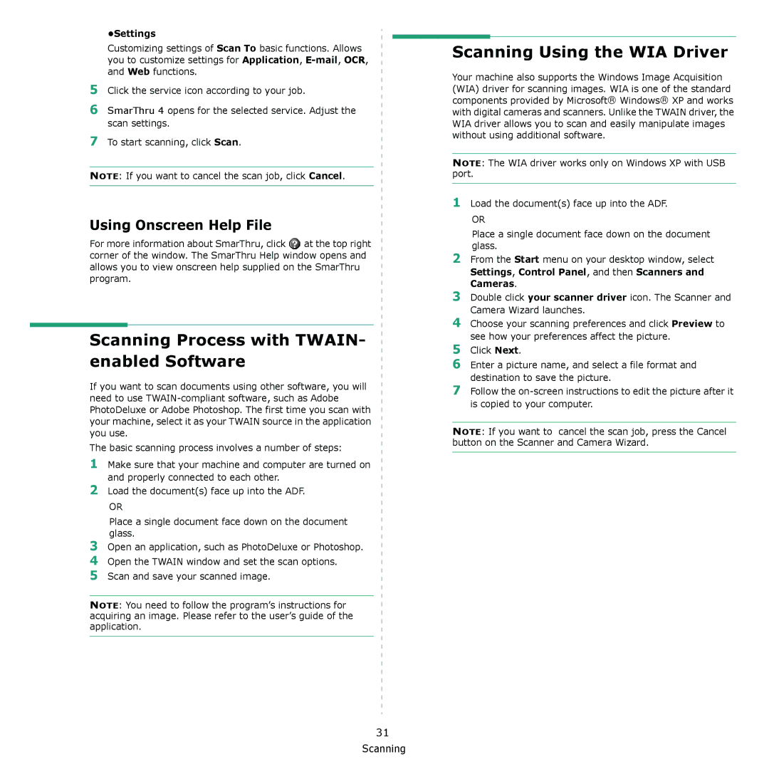 Muratec MFX-3050 manual Scanning Process with TWAIN- enabled Software, Scanning Using the WIA Driver, Settings 