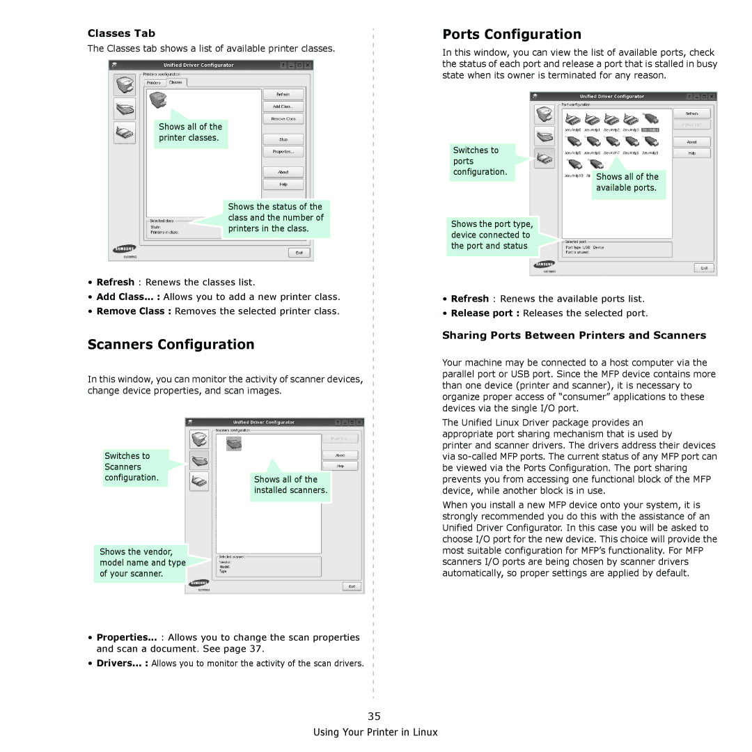 Muratec MFX-3050 Scanners Configuration, Ports Configuration, Classes Tab, Sharing Ports Between Printers and Scanners 