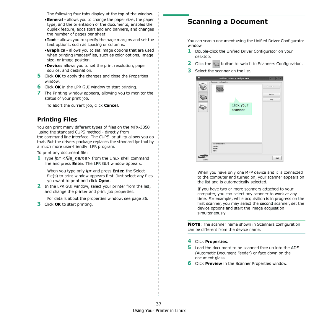 Muratec MFX-3050 manual Scanning a Document, Printing Files, Click Properties 