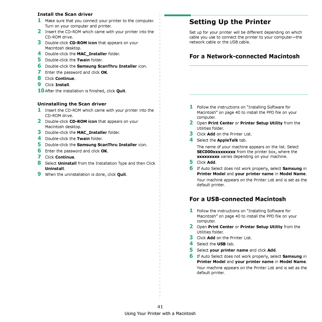 Muratec MFX-3050 manual Setting Up the Printer, For a Network-connected Macintosh, For a USB-connected Macintosh 