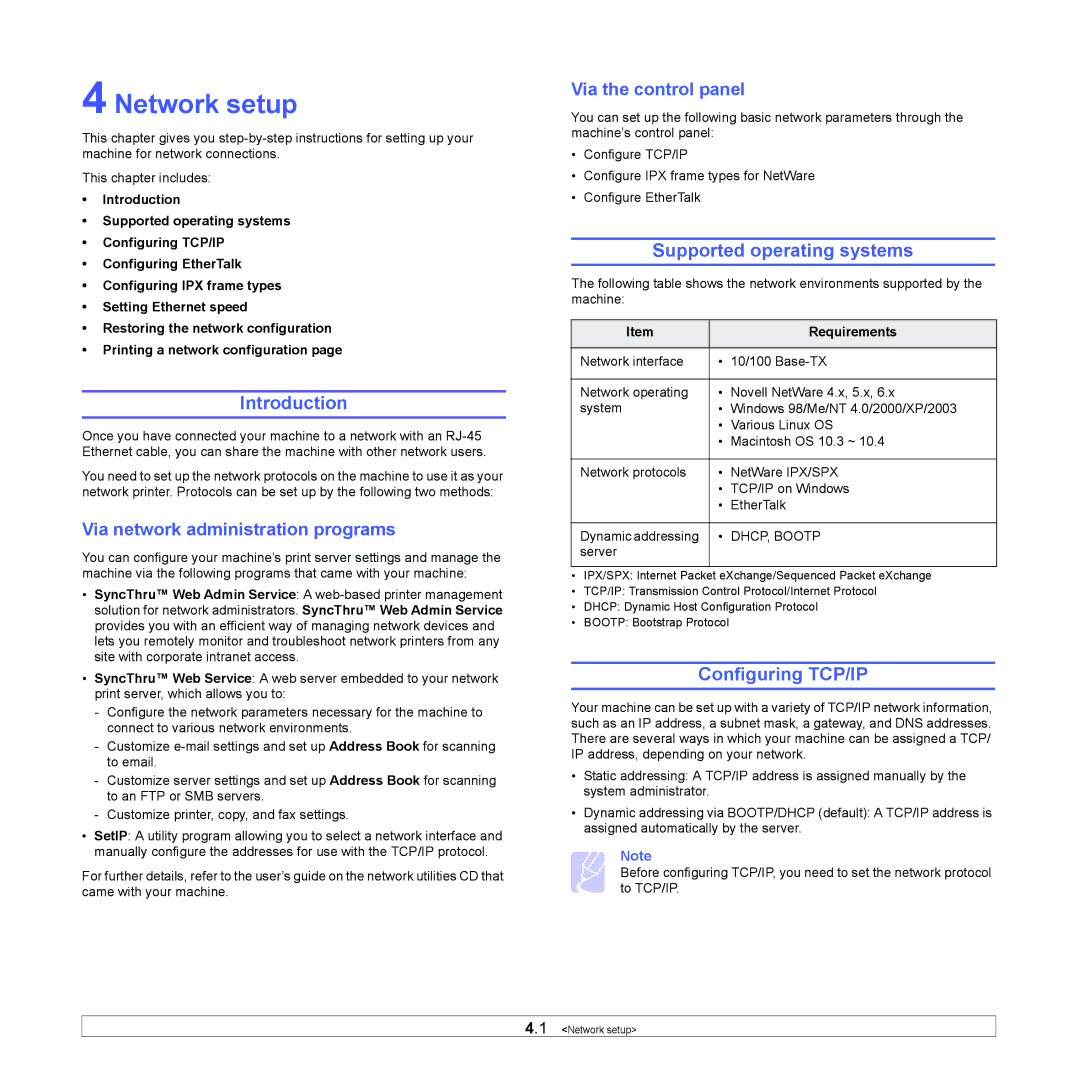 Muratec MFX-3050 manual Network setup, Supported operating systems, Configuring TCP/IP, Via network administration programs 