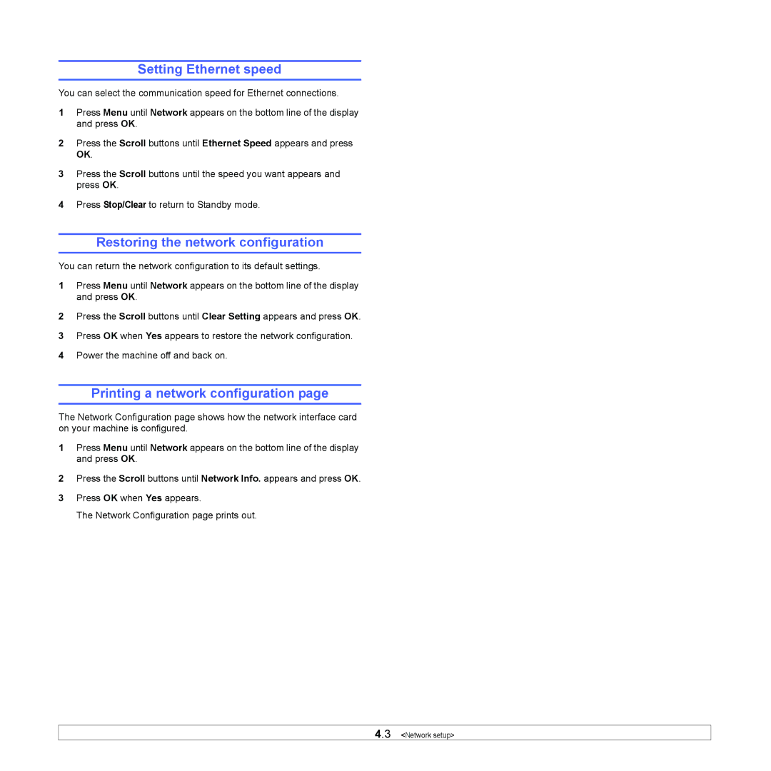 Muratec MFX-3050 manual Setting Ethernet speed, Restoring the network configuration, Printing a network configuration 