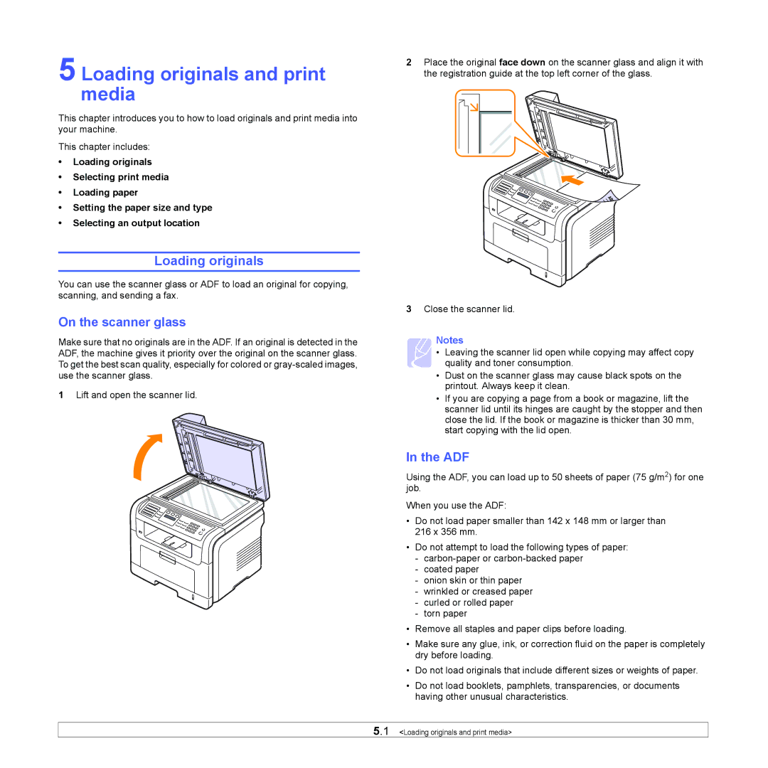 Muratec MFX-3050 manual Loading originals and print media, On the scanner glass, Adf 