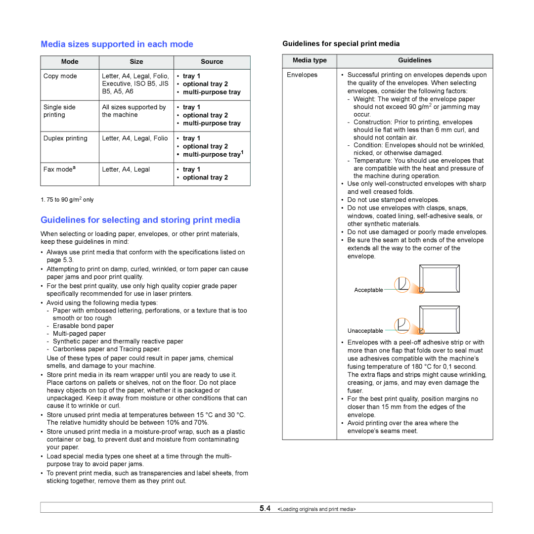 Muratec MFX-3050 manual Media sizes supported in each mode, Guidelines for selecting and storing print media 