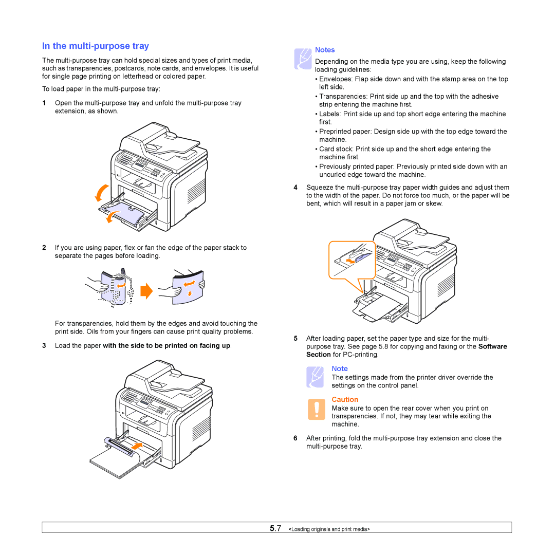 Muratec MFX-3050 manual Multi-purpose tray, Load the paper with the side to be printed on facing up 