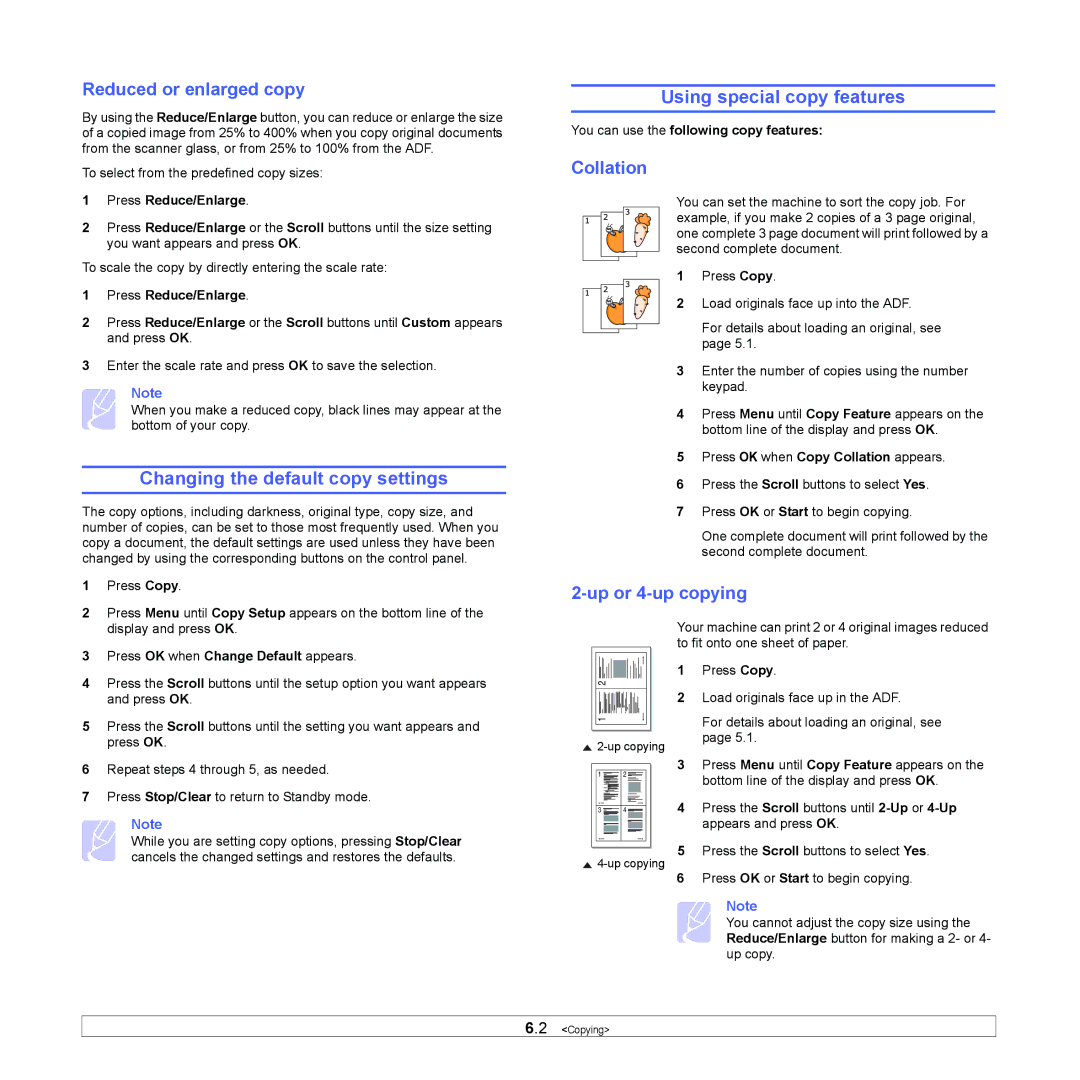 Muratec MFX-3050 Changing the default copy settings, Using special copy features, Reduced or enlarged copy, Collation 