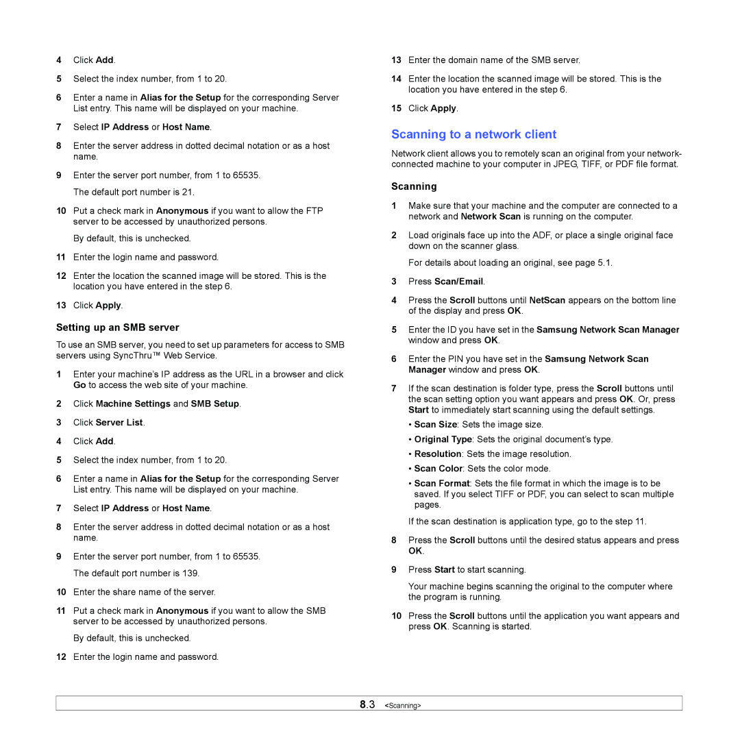 Muratec MFX-3050 manual Scanning to a network client, Setting up an SMB server 