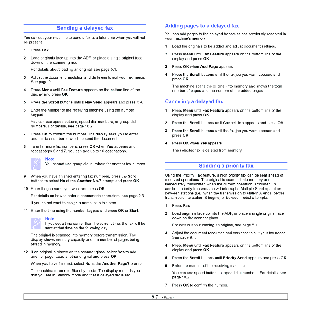 Muratec MFX-3050 Sending a delayed fax, Sending a priority fax, Adding pages to a delayed fax, Canceling a delayed fax 