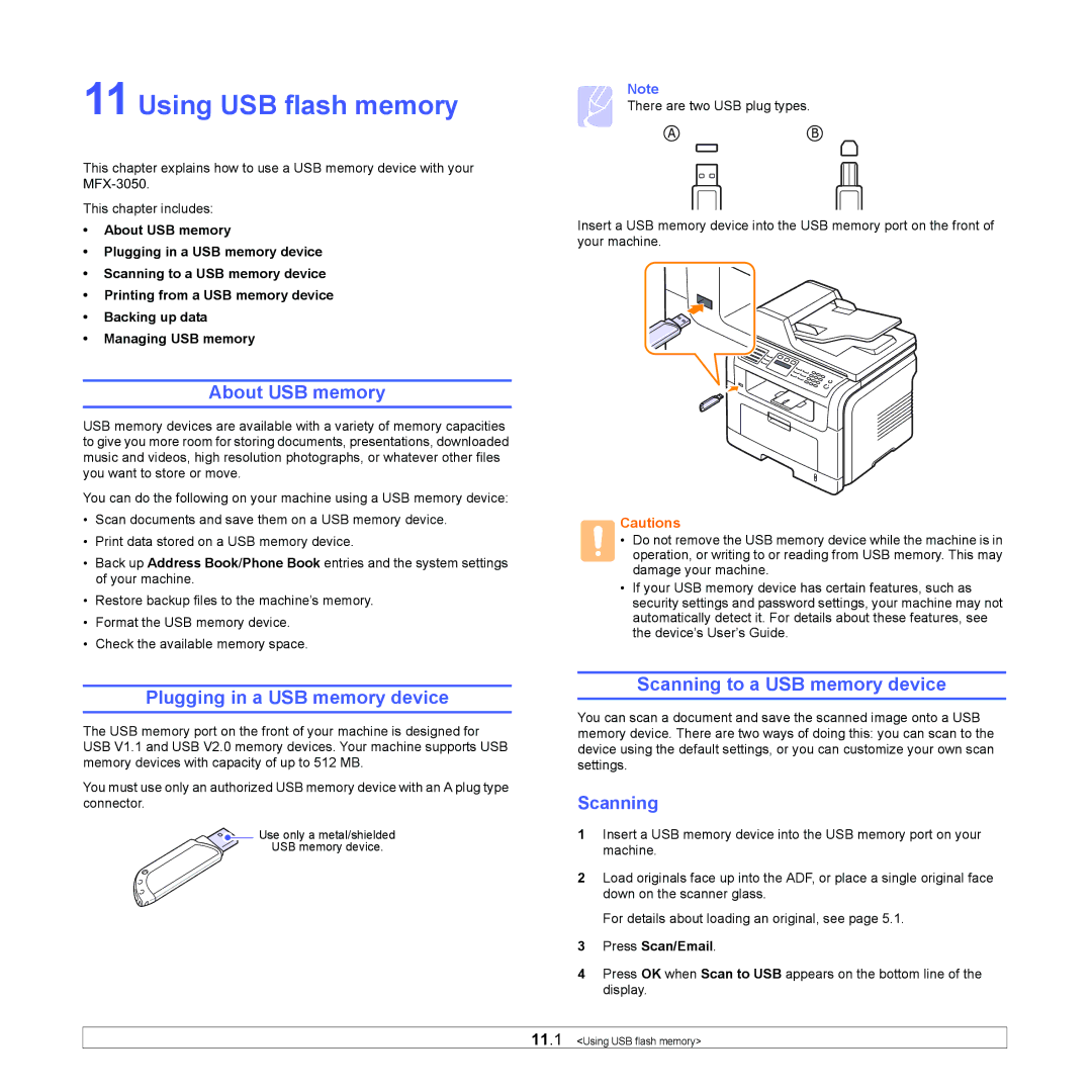 Muratec MFX-3050 manual Using USB flash memory, About USB memory, Plugging in a USB memory device, Scanning 