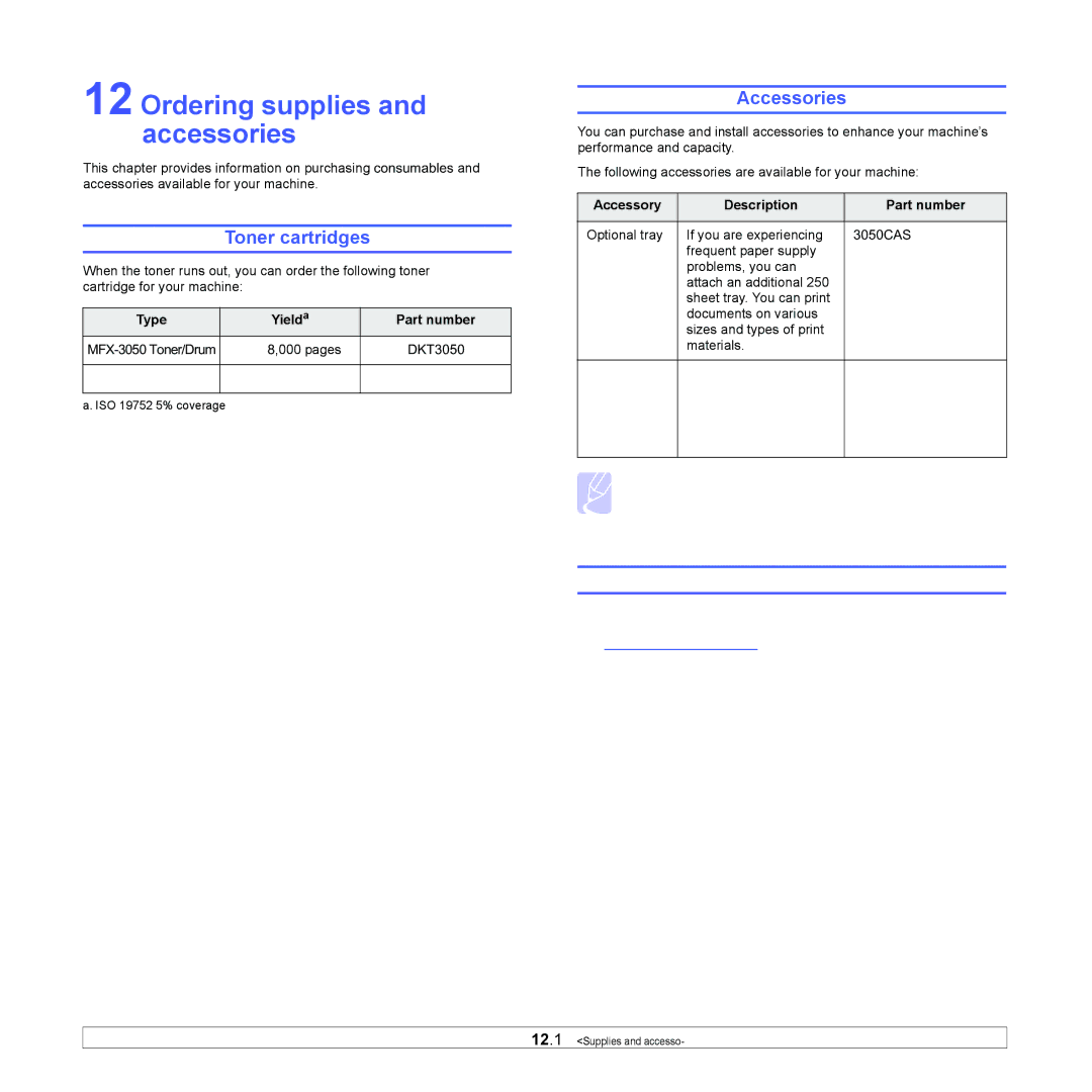 Muratec MFX-3050 manual Ordering supplies and accessories, Toner cartridges, Accessories, Type Yielda Part number 