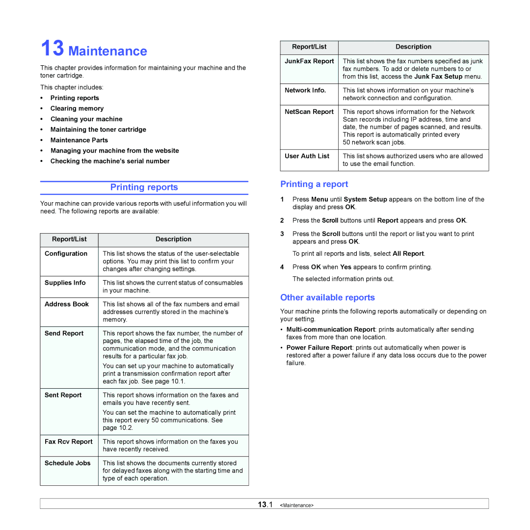 Muratec MFX-3050 manual Maintenance, Printing reports, Printing a report, Other available reports 