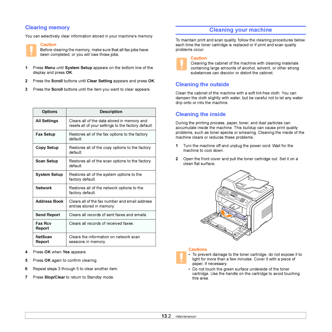 Muratec MFX-3050 manual Cleaning your machine, Clearing memory, Cleaning the outside, Cleaning the inside 