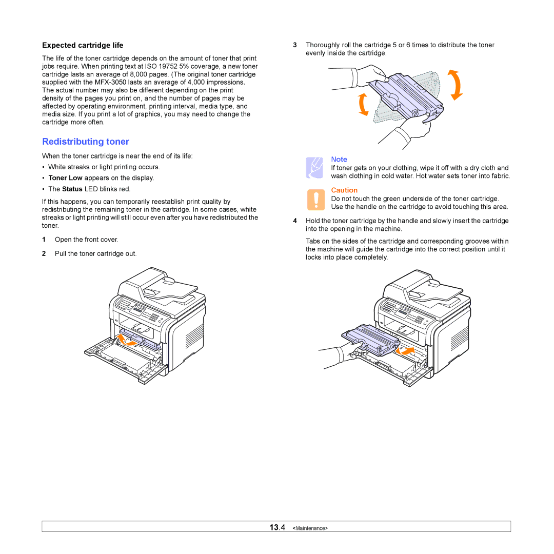 Muratec MFX-3050 manual Redistributing toner, Expected cartridge life 