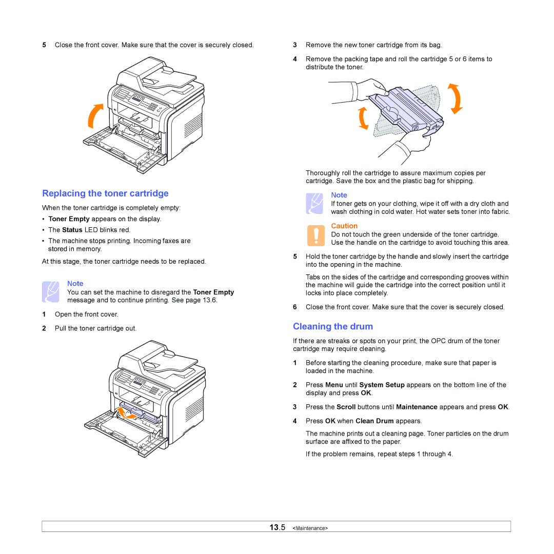 Muratec MFX-3050 manual Replacing the toner cartridge, Cleaning the drum 