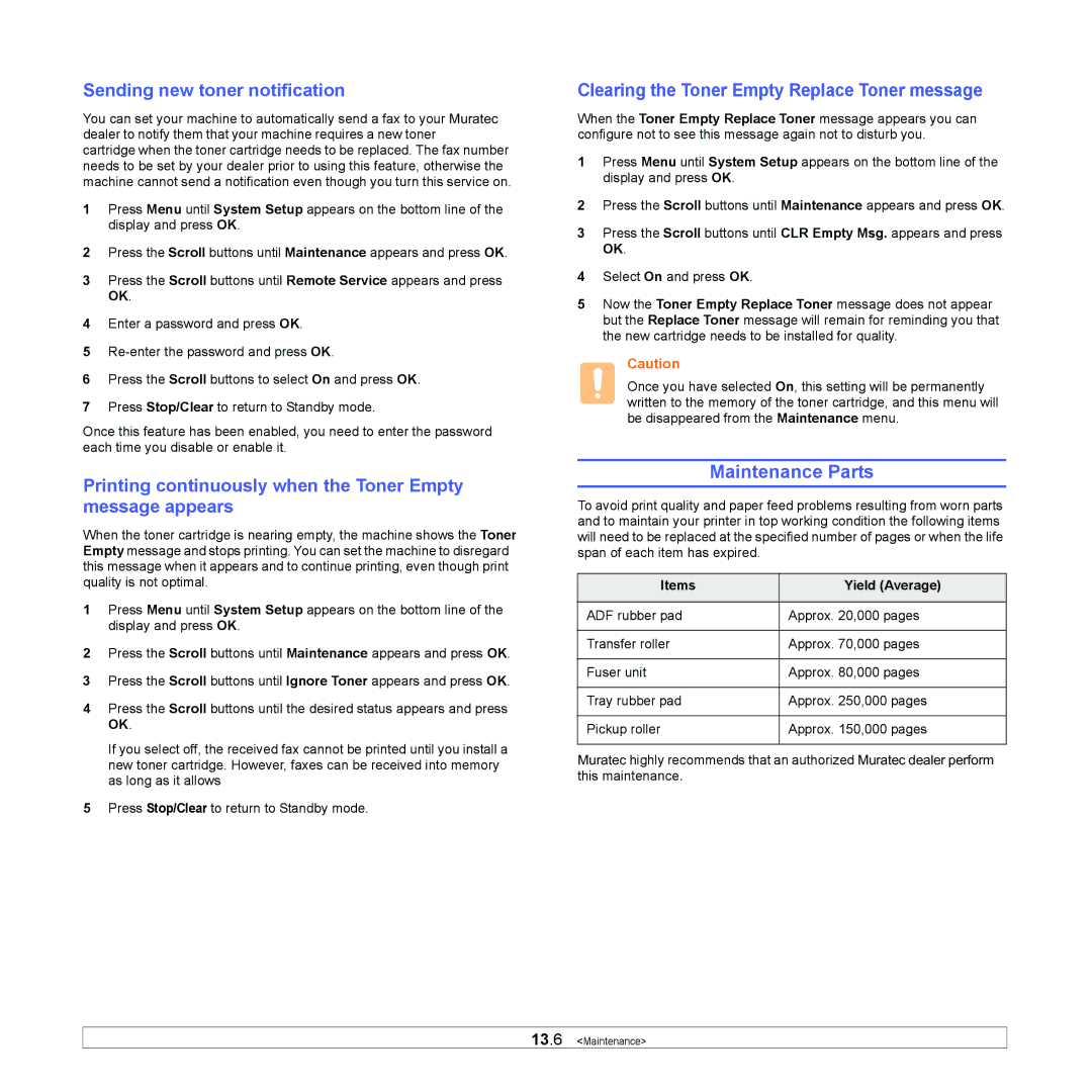 Muratec MFX-3050 manual Maintenance Parts, Sending new toner notification, Clearing the Toner Empty Replace Toner message 