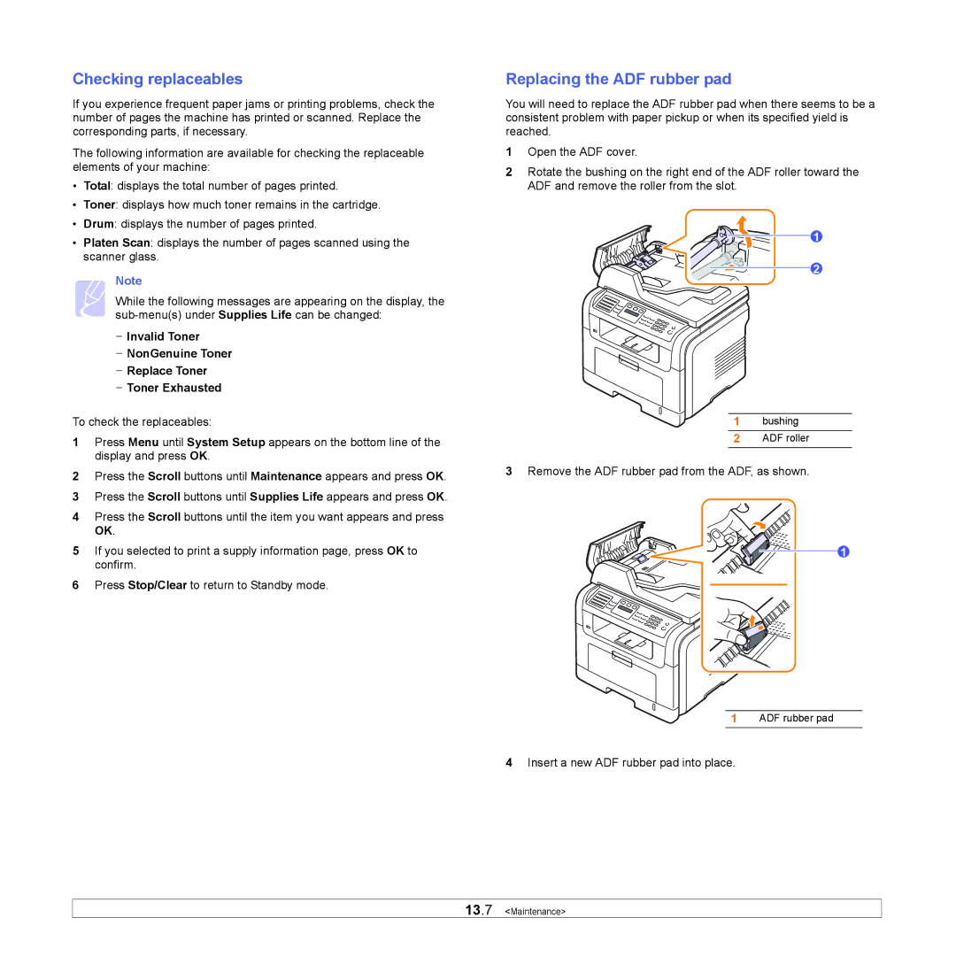 Muratec MFX-3050 manual Checking replaceables, Replacing the ADF rubber pad 